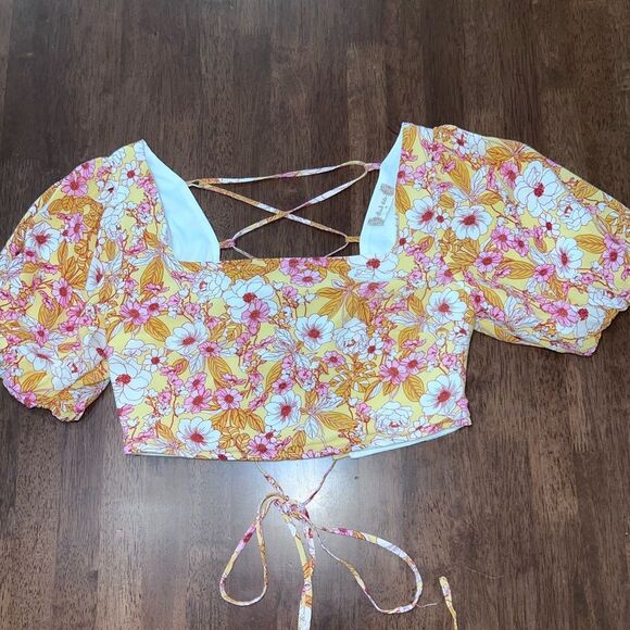 Altar’d State Boho Floral Puff Sleeve Square Neck Lace Up Back Crop Top Women M - Picture 7 of 11